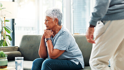 Buy stock photo Depression, frustrated and thinking with senior woman on sofa in living room of home for loss or pain. Anger, ideas and toxic with unhappy old couple in apartment for marriage or relationship stress