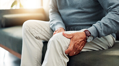 Buy stock photo Hands, knee pain and old person on couch with injury, retirement and health issue with muscle tension at home. Fibromyalgia, arthritis or brittle bones with legs, inflammation and pressure in house