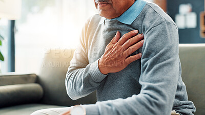 Buy stock photo Heart attack, hand and senior man in home, sick and emergency for pensioner, strain and high blood pressure. House, healthcare risk and elderly person with coronary artery disease, chest pain and ill