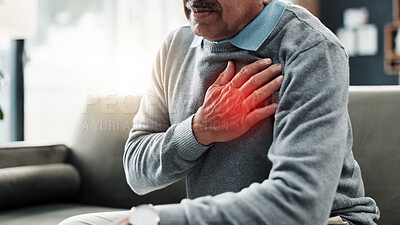Buy stock photo Heart attack, sick and senior man in home, hand and emergency for pensioner, strain and high blood pressure. House, healthcare risk and elderly person with coronary artery disease, chest pain and ill