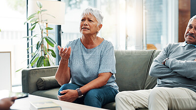 Buy stock photo Marriage therapy, talking and old couple with therapist, divorce risk and communication in retirement. Counselling, senior man and elderly woman with consultation, advice and psychology with help
