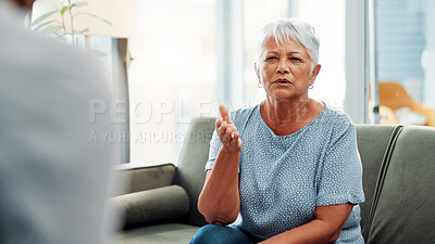 Buy stock photo Senior woman, counseling and sofa with therapist for discussion, mental health or therapy session. Elderly, female person or talking with counselor for psychology consultation, amnesia or dementia