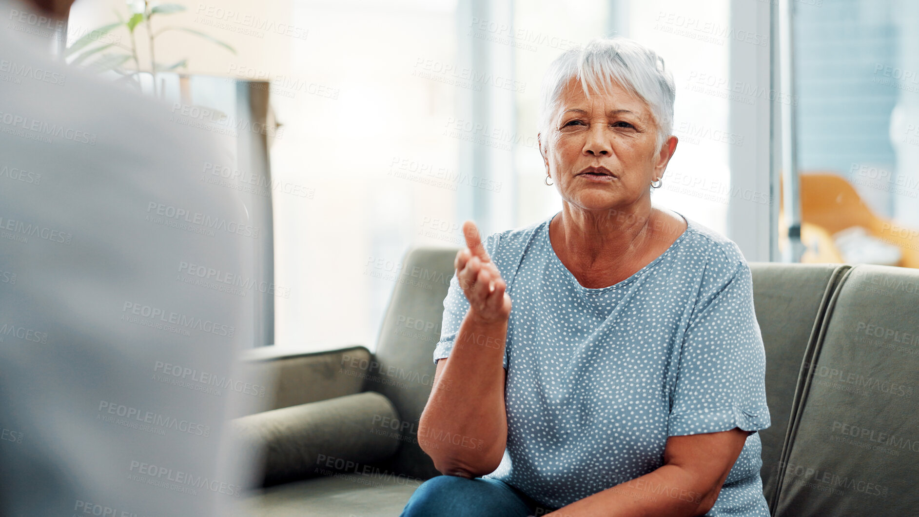 Buy stock photo Senior woman, counseling and sofa with therapist for discussion, mental health or therapy session. Elderly, female person or talking with counselor for psychology consultation, amnesia or dementia
