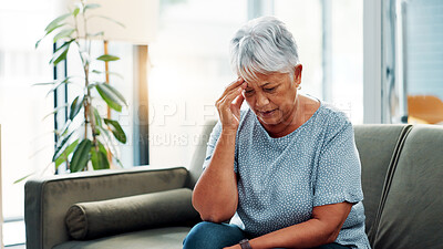 Buy stock photo Senior woman, stress and sofa with headache for mistake, amnesia or dementia at home. Elderly, female person or mental health with migraine or loss for poor memory, alzheimers or illness at house