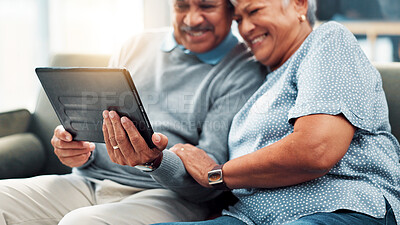 Buy stock photo Old couple, tablet and laughing in home to relax together, marriage and commitment with streaming online. Senior, man and woman with tech for comedy, film and retirement with happiness in house