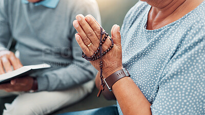 Buy stock photo Hands, rosary and couple religion with bible in home to worship Jesus Christ, spiritual faith and crucifix meditation. Old people, prayer and holy necklace on sofa with scripture guidance and praise