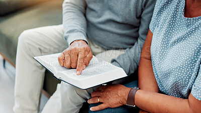 Buy stock photo Hands, senior couple and bible reading on sofa for religious study, spiritual praise or faith in Jesus Christ. Old people, worship or holy gospel in home for scripture meditation, prayer or knowledge
