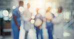 Blur, group and doctors with nurses in hospital for surgery, treatment or diagnosis discussion, Meeting, teamwork and professional medical workers with conversation for healthcare service in clinic.