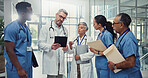 Agenda, medical or tablet with doctors and nurses in hospital together for collaboration or discussion. Documents, meeting and schedule with professional medicine team in clinic for brainstorming
