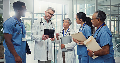 Buy stock photo Agenda, medical or tablet with doctors and nurses in hospital together for collaboration or discussion. Documents, meeting and schedule with professional medicine team in clinic for brainstorming