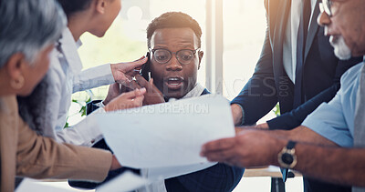 Buy stock photo Business people, stress and man in office, frustrated and burnout with deadline, documents and chaos. Crisis, time management and employees in workplace, busy schedule and anxiety with phone call