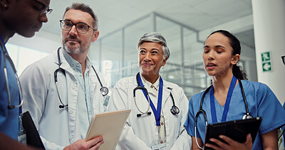 Buy stock photo Documents, healthcare or tablet with doctors and nurses in hospital together for collaboration or discussion. Agenda, medical and schedule with professional medicine team in clinic for brainstorming