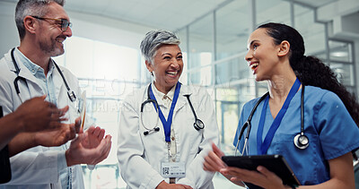 Buy stock photo Nurse, doctor and celebration applause with tablet for healthcare recognition, medical news and clinic success. Medicine staff, people or happy at hospital for positive surgery outcome or achievement