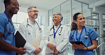 Buy stock photo Laughing, medical or tablet with doctors and nurses in hospital together for collaboration or discussion. Documents, meeting and schedule with funny medicine team in clinic for brainstorming