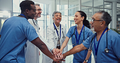 Buy stock photo Doctors, teamwork and hands together for huddle, motivation or goal success in hospital meeting. Support circle, collaboration or proud healthcare worker community for medical mission achievement