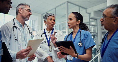 Buy stock photo Collaboration, medical or tablet with doctors and nurses in hospital together for conversation or discussion. Agenda, healthcare and talking with professional medicine team in clinic for planning