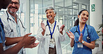 Nurse, doctor and success celebration with applause for healthcare recognition, medical news and clinic excellence. Medicine staff, people or happy at hospital for positive surgery outcome or support
