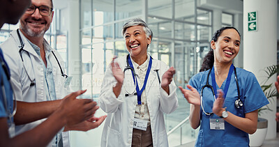Buy stock photo Nurse, doctor and success celebration with applause for healthcare recognition, medical news and clinic excellence. Medicine staff, people or happy at hospital for positive surgery outcome or support