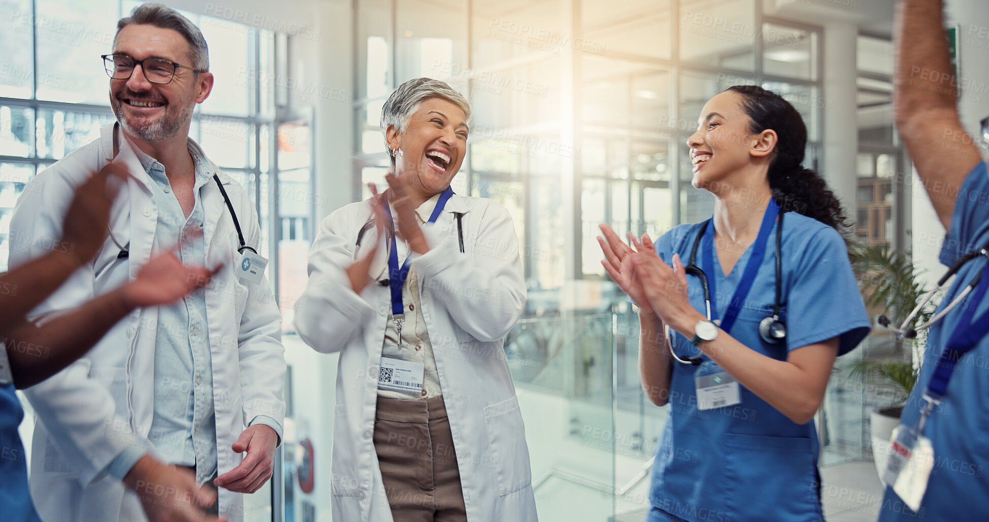 Buy stock photo Nurse, doctor and applause for clinic success with healthcare recognition, medical excellence and support. Medicine staff, people and celebration at hospital for surgery good news and announcement