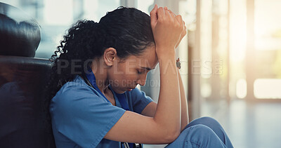 Buy stock photo Nurse, stress and woman with grief, anxiety and patient loss or bad news and overwhelmed in clinic. Mental health, sad and surgeon student with panic attack, healthcare fail or medical burnout