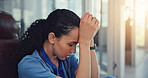 Nurse, stress and woman with depression, anxiety and patient loss or bad news and overwhelmed in clinic. Mental health, sad and surgeon student with panic attack, healthcare fail or medical burnout
