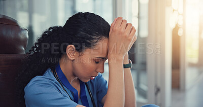 Buy stock photo Nurse, stress and woman with depression, anxiety and patient loss or bad news and overwhelmed in clinic. Mental health, sad and surgeon student with panic attack, healthcare fail or medical burnout