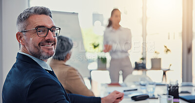 Buy stock photo Portrait, happy businessman and mature manager in investment meeting, coworking and private equity in office. CEO, smile and corporate professional with glasses or confident boss at venture capital