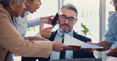 Buy stock photo Business people, workflow crisis and man in office, chaos and burnout with deadline, stress and anxiety. Overwhelmed, time management and employees with busy schedule, frustrated and mental health