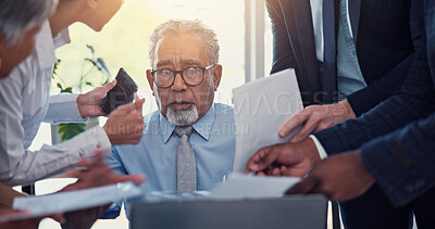Buy stock photo Business people, stress and man in office, chaos and burnout with deadline, documents and anxiety. Group, time management and employees in workplace, busy schedule and frustrated with mental health 