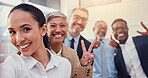 Selfie, peace sign and teamwork with business people in office for solidarity, about us or diversity. Community, social media and profile picture with portrait of employees for support or partnership