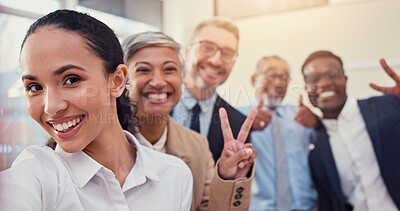 Buy stock photo Selfie, peace sign and teamwork with business people in office for solidarity, about us or diversity. Community, social media and profile picture with portrait of employees for support or partnership