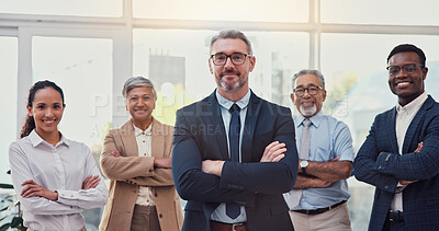 Buy stock photo Arms crossed, portrait and teamwork with business people in office for solidarity, about us or diversity. Community, staff and collaboration with group of employees for leadership and partnership