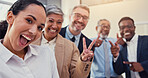 Selfie, peace sign and smile with business people in office for solidarity, about us or diversity. Community, social media and profile picture with portrait of employees for support or partnership