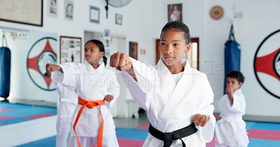 Buy stock photo Fitness, karate and sports with children in class for combat, fighting or self defense training. Development, exercise or growth with group of kids in dojo for martial arts lesson or practice