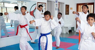 Buy stock photo Fitness, karate and sports with kids in class for combat, fighting or self defense training. Development, exercise or growth with children and sensei in dojo for martial arts lesson or practice
