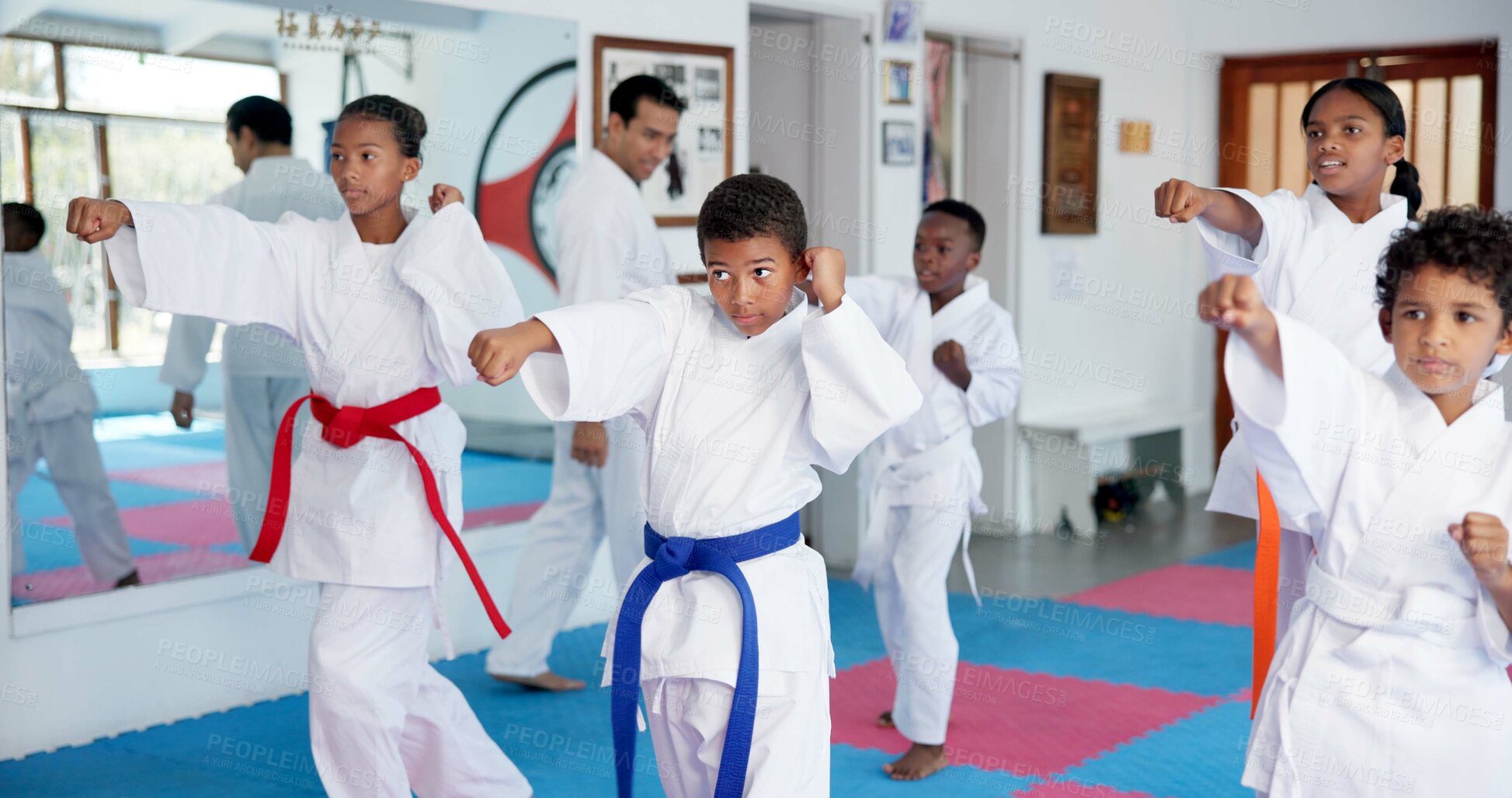 Buy stock photo Fitness, karate and sports with kids in class for combat, fighting or self defense training. Development, exercise or growth with children and sensei in dojo for martial arts lesson or practice