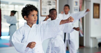 Buy stock photo Exercise, karate and sports with kids in dojo for combat, fighting or self defense training. Fitness, learning or growth with group of boy children in class for martial arts lesson or practice