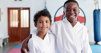 Buy stock photo Hug, karate and portrait of friends in class for martial arts, self defense or sports training. Development, fitness and smile of student kids embracing in dojo together for exercise or workout
