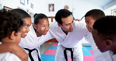 Buy stock photo Children, teacher and huddle together in dojo for martial arts training, self defense or fighting competition. Kids, motivation and planning with support for taekwondo challenge or community karate
