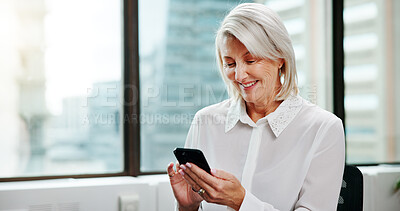 Buy stock photo Business, smile and woman in office, smartphone and texting with social media, accounting and online joke. Mature person, financial advisor and employee in workplace, cellphone and message to contact