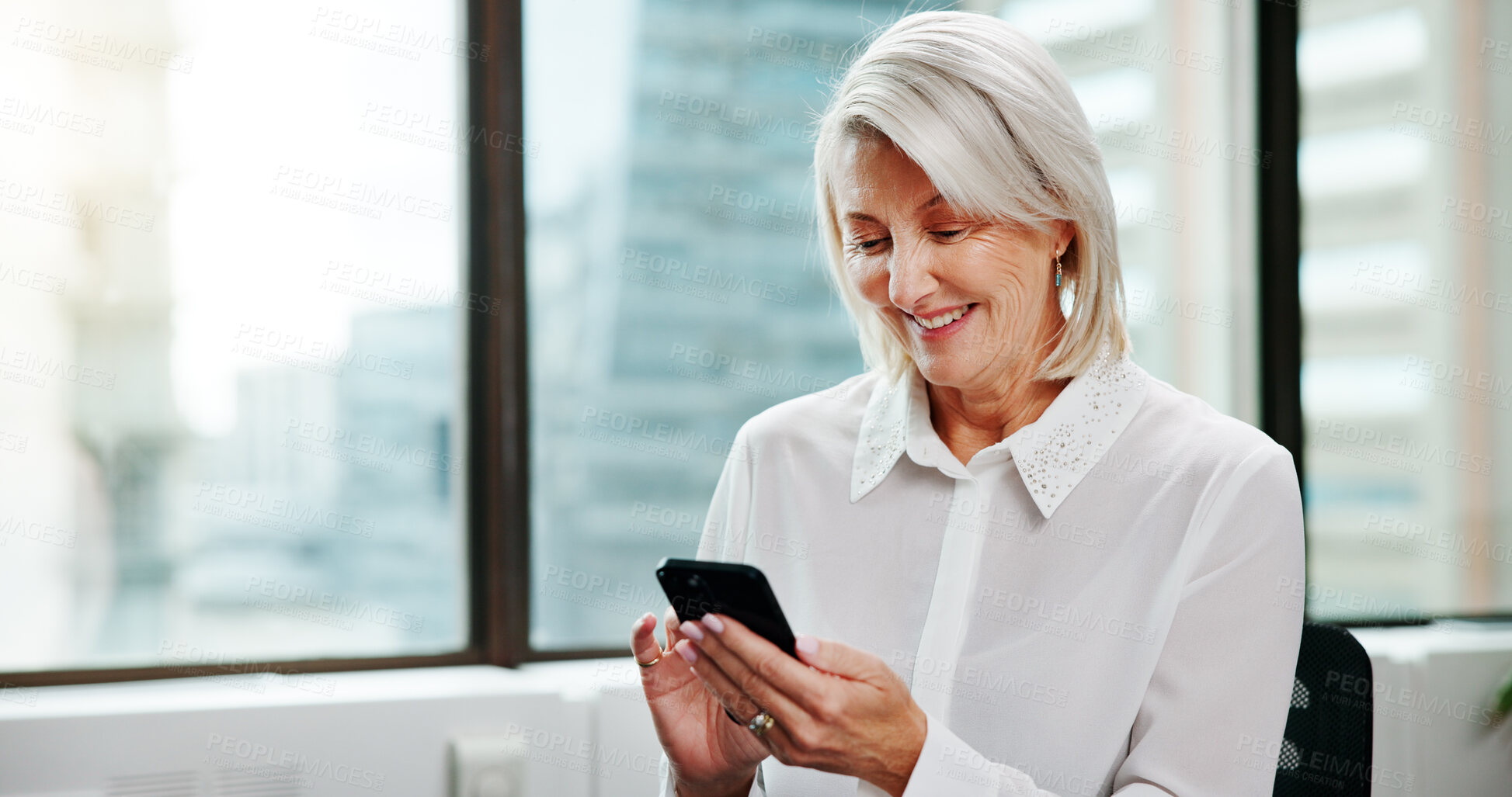 Buy stock photo Business, smile and woman in office, smartphone and texting with social media, accounting and online joke. Mature person, financial advisor and employee in workplace, cellphone and message to contact