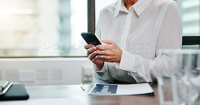 Buy stock photo Phone, communication and hands of businesswoman in office for email with investor client. Cellphone, closeup and female financial manager with contact for online investment report in workplace.