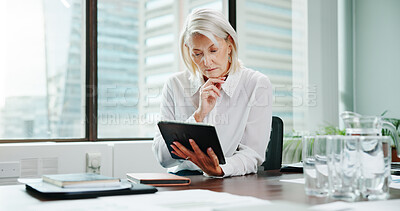 Buy stock photo Tablet, thinking and reading with business woman in office for schedule, project vision and planning. Reflection, economy growth and investment broker with mature person in finance agency for idea