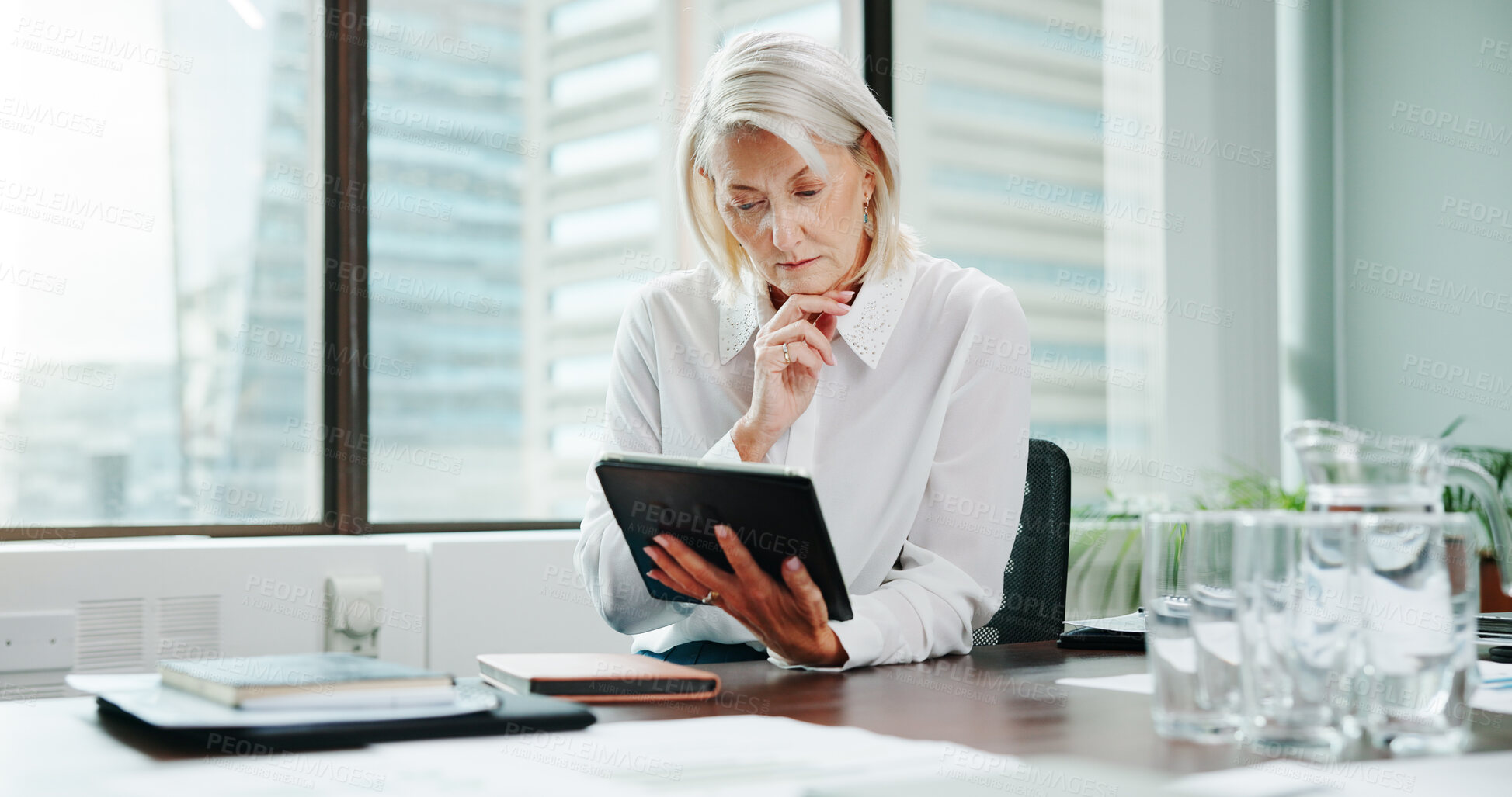 Buy stock photo Tablet, thinking and reading with business woman in office for schedule, project vision and planning. Reflection, economy growth and investment broker with mature person in finance agency for idea