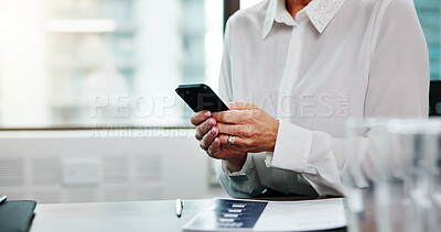 Buy stock photo Cellphone, communication and hands of businesswoman in office for email with investor client. Phone, company and female financial manager with contact for online investment report in workplace.