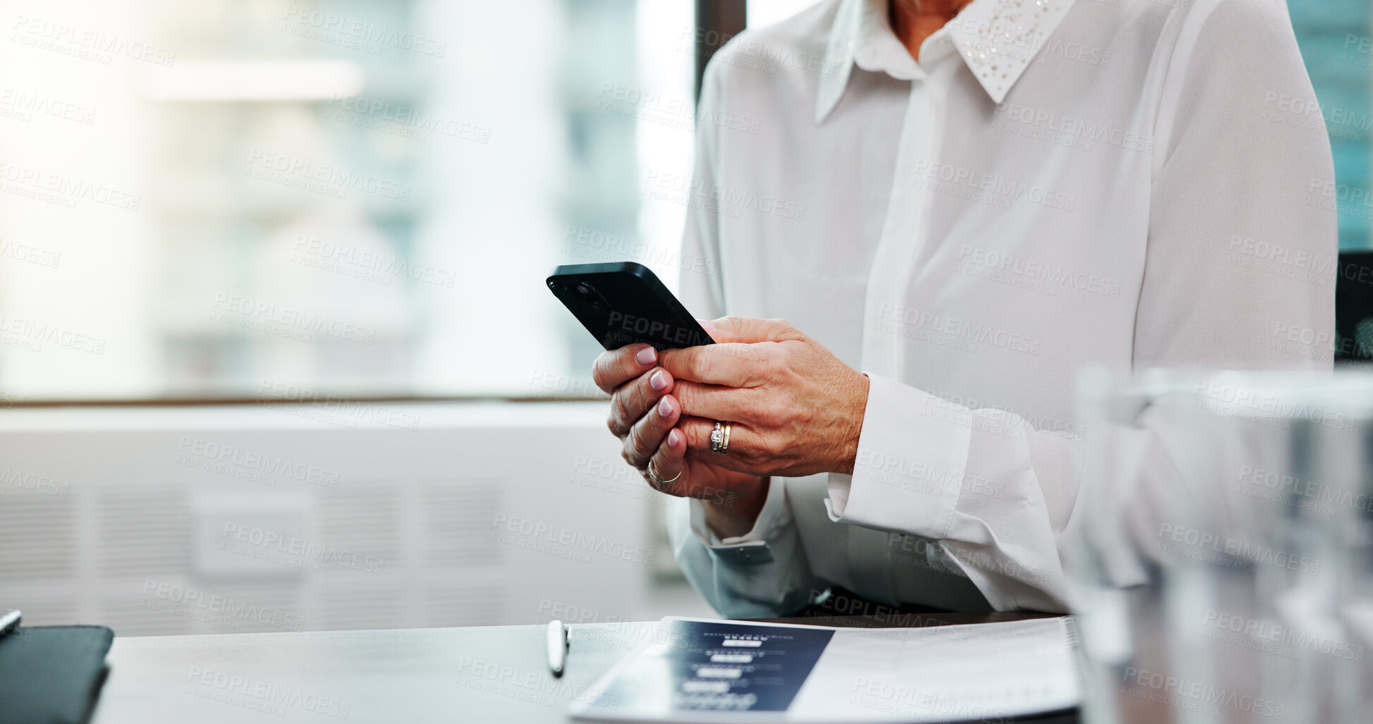 Buy stock photo Cellphone, communication and hands of businesswoman in office for email with investor client. Phone, company and female financial manager with contact for online investment report in workplace.