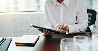 Buy stock photo Office, tablet and hands of business woman online for financial review, budget report or investment. Corporate, company consultant and worker on digital tech for research, finance planning or website