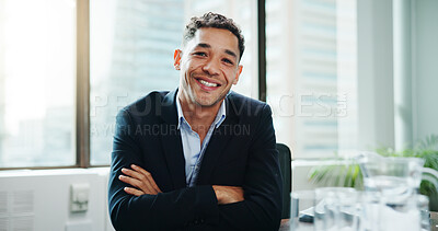 Buy stock photo Portrait, confidence and happy business man in office with ambition as financial advisor. Smile, employee and professional worker with arms crossed, wealth consultant and corporate asset specialist