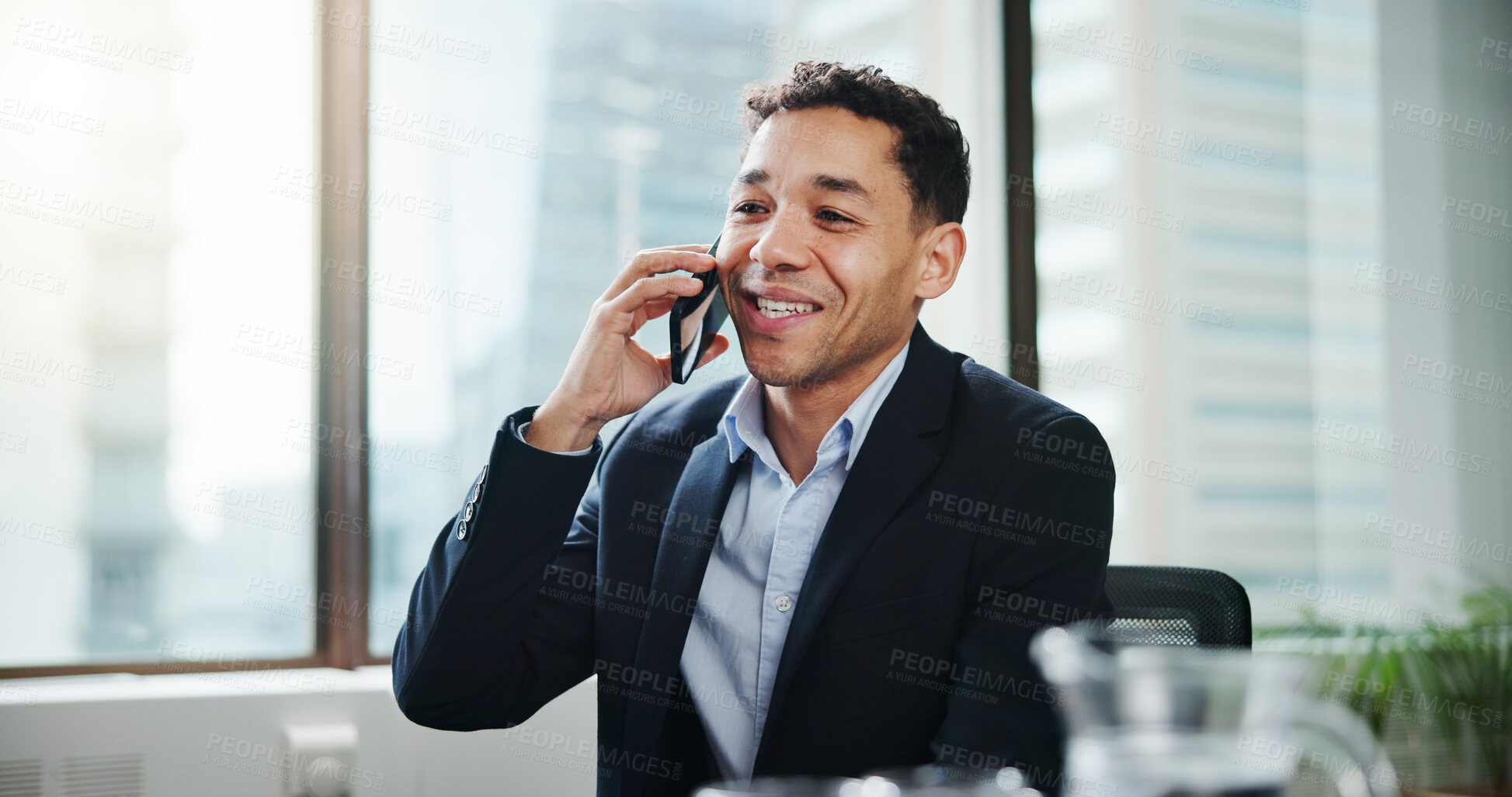 Buy stock photo Smile, news or businessman in office with phone call for contract negotiation or government deal. Consultant, lawyer or happy advisor talking on mobile for court case schedule, consultation or advice