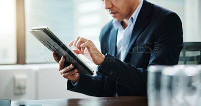 Buy stock photo Office, tablet and hands of businessman online for financial review, budget report or investment. Professional, company consultant and worker on digital tech for research, finance planning or website